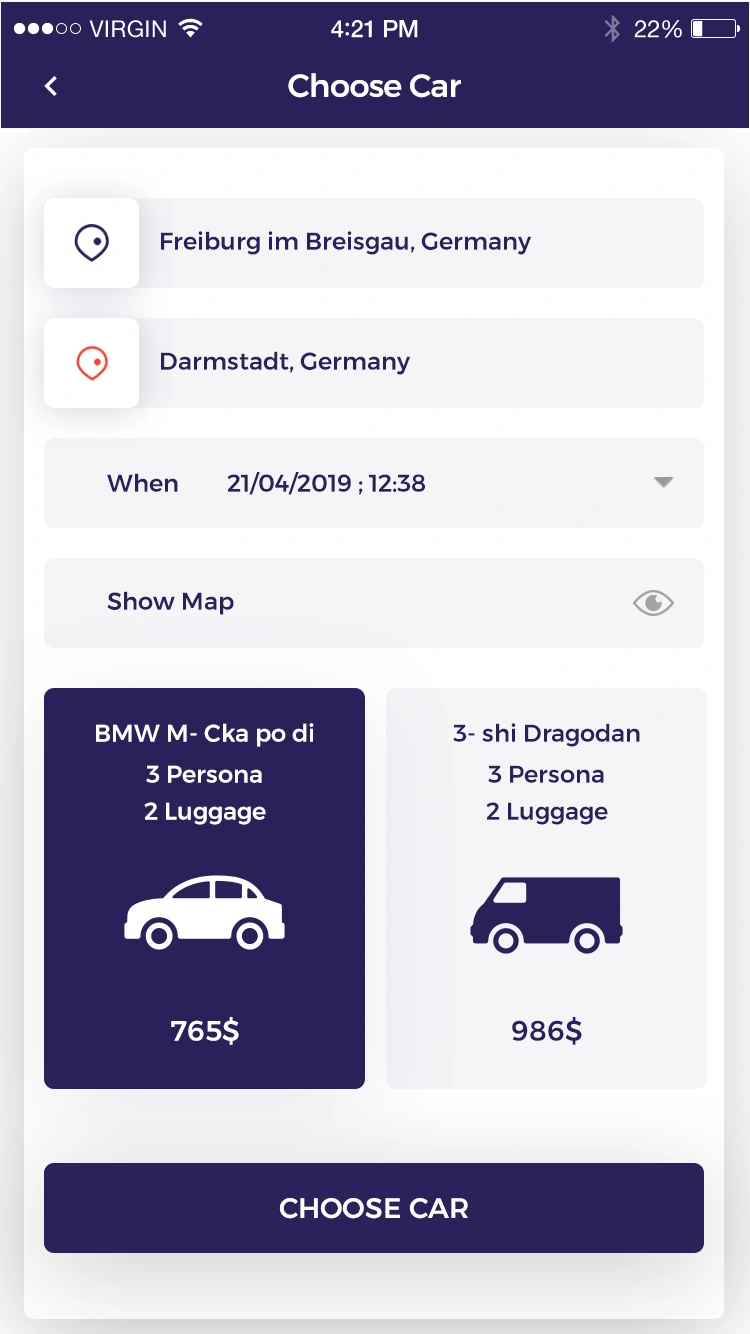 Flotilla Airport Transfer Application screen 1